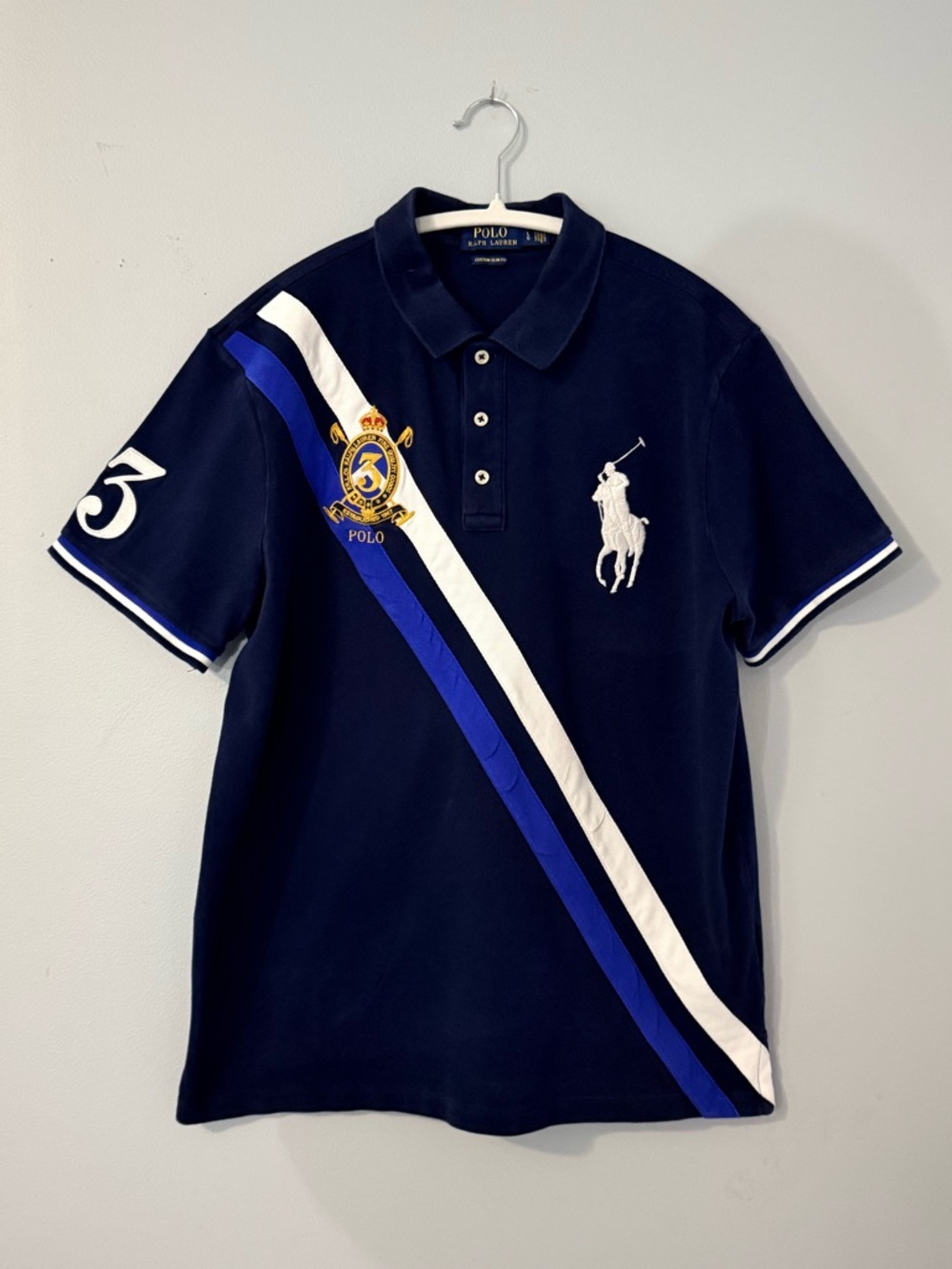 Ralph Lauren Navy Polo with White & Royal Blue Diagonal Stripes